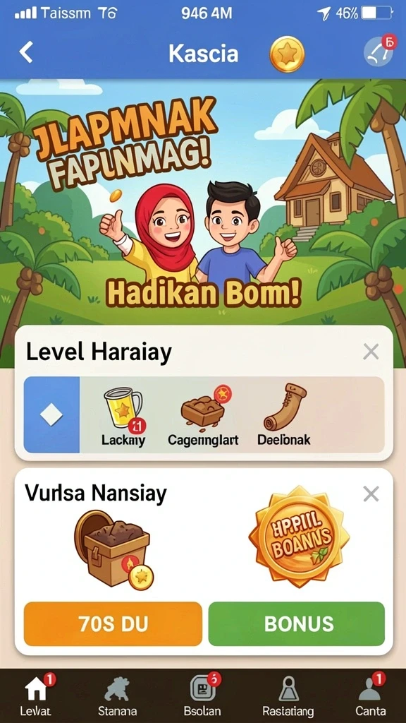 Desain level fantasi yang penuh warna dan detail.